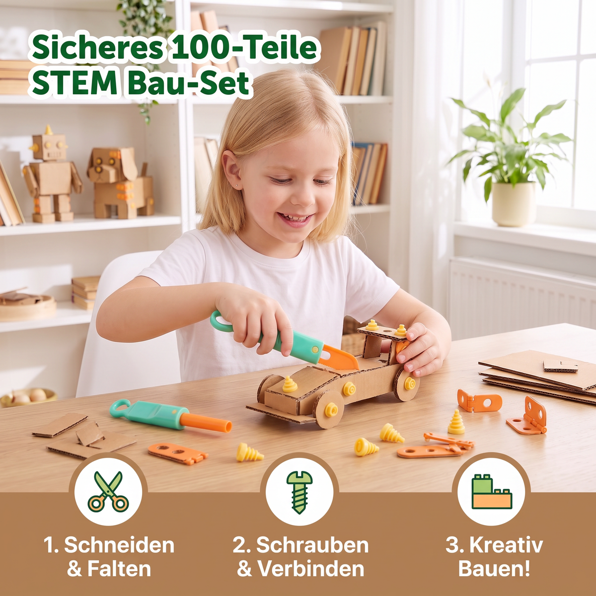 Sicheres 100-teiliges MINT-Konstruktionsset aus Pappe mit Werkzeugset für Kinder