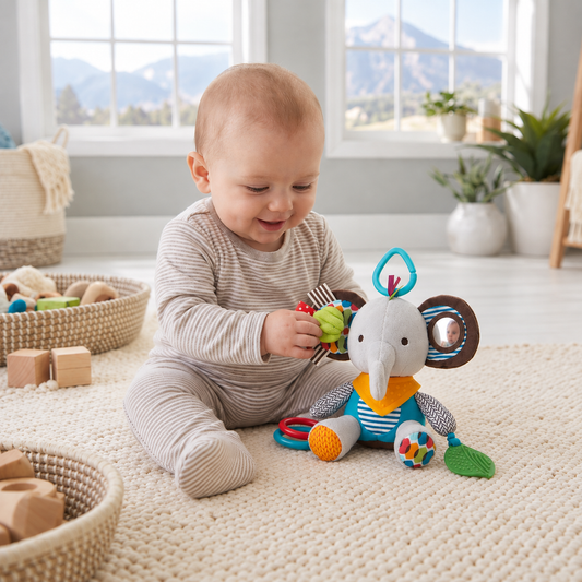 Sensorisches Plüschspielzeug für Babys mit Rassel und Silikon-Zahnungselement