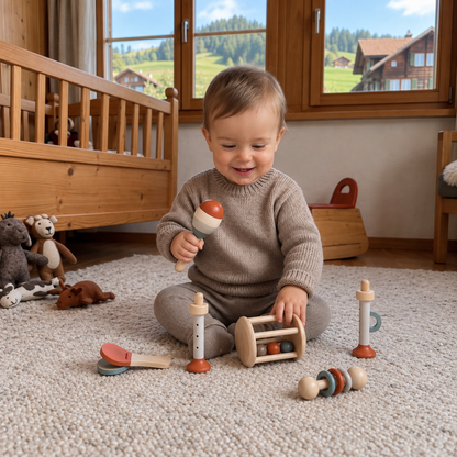 Montessori Holz-Musikinstrumente Set für Babys – 5-teiliges Sensorik & Rasselspielzeug