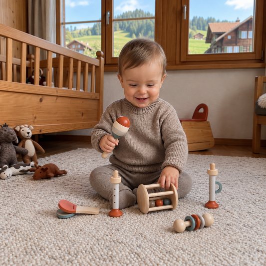 Montessori Holz-Musikinstrumente Set für Babys – 5-teiliges Sensorik & Rasselspielzeug