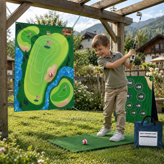 Klebendes 2in1 Golf Trainings- & Spielset – Indoor & Outdoor Abschlagmatte mit Zielwand & Schläger