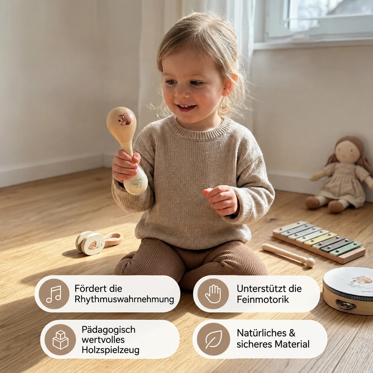 Montessori Holz-Musikinstrumente Set für Babys - Sensorisches & Musikalisches Lernspielzeug