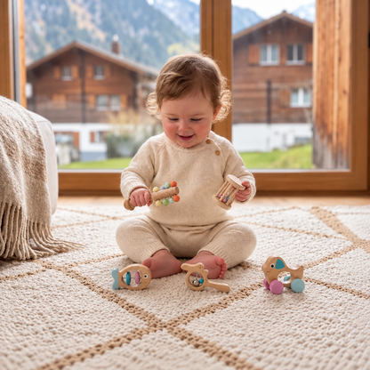 Baby Geschenkset aus Holz – Rassel- & Musikspielzeug für Neugeborene
