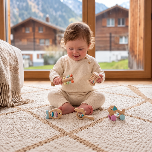 Baby Geschenkset aus Holz – Rassel- & Musikspielzeug für Neugeborene