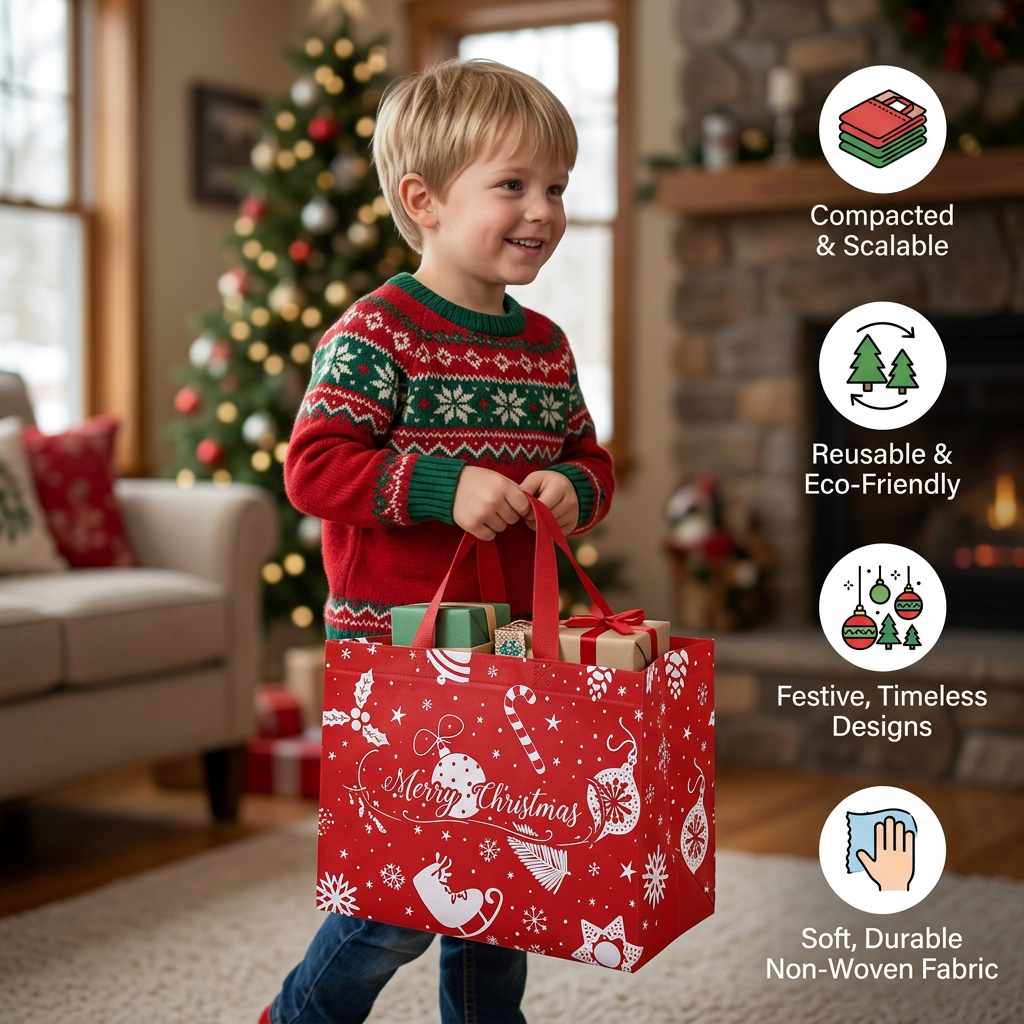 Wiederverwendbare Weihnachts-Geschenktaschen mit Griffen – Verschiedene festliche Designs