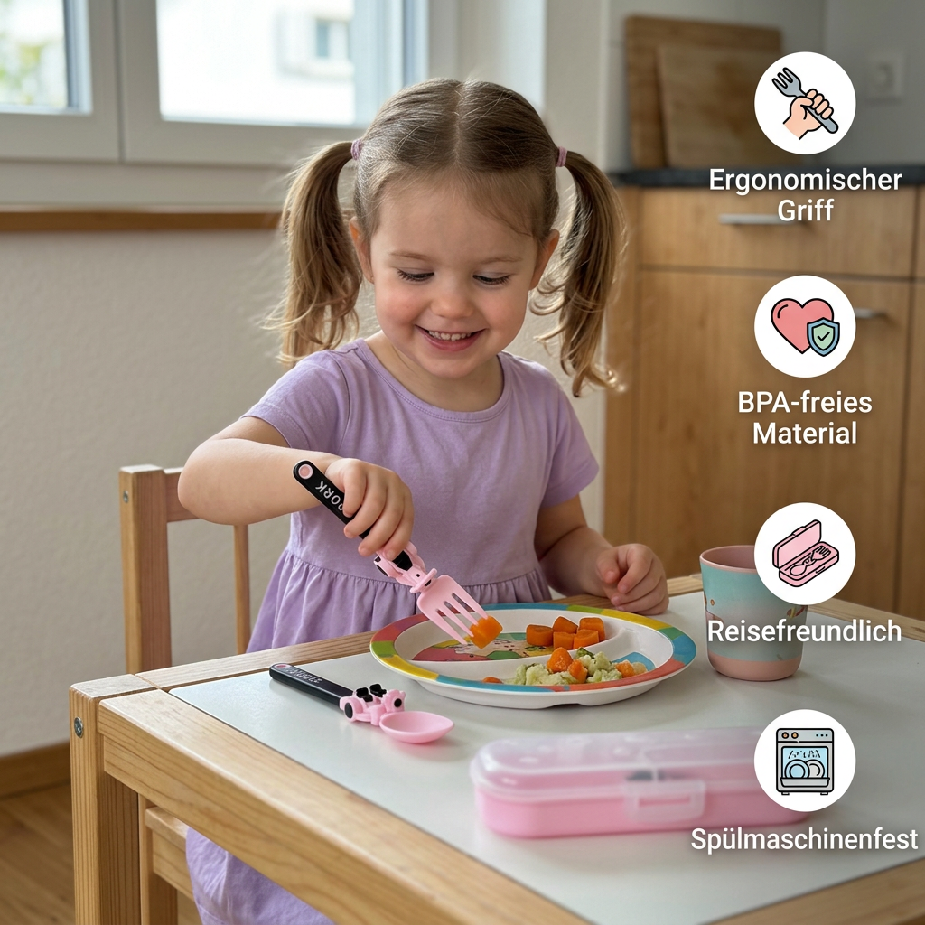 3-teiliges Kinder-Besteckset im Baufahrzeug-Design mit Löffel, Gabel & Reiseetui