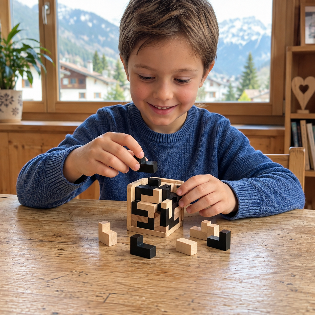 Handgefertigter 3D-Puzzlewürfel aus Holz – Logik- und Lernspielzeug für Kinder