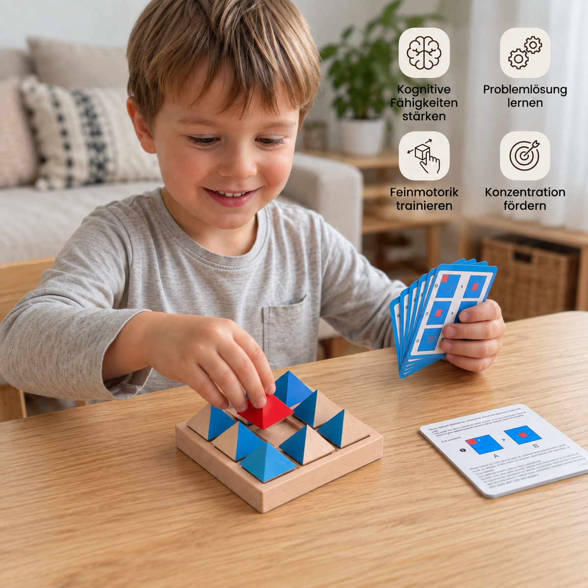 Holzpuzzle mit geometrischen Mustern – Spiel zur Förderung von Logik und räumlichem Denken