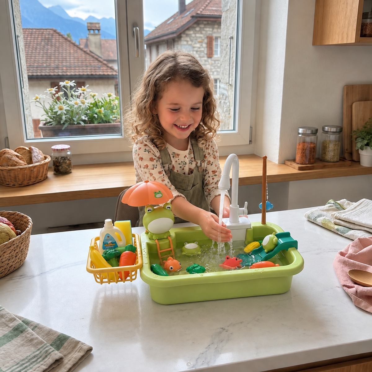 Kinder-Spielküche mit Wasserfunktion – Spülbecken Spielset mit elektrischer Wasserzirkulation