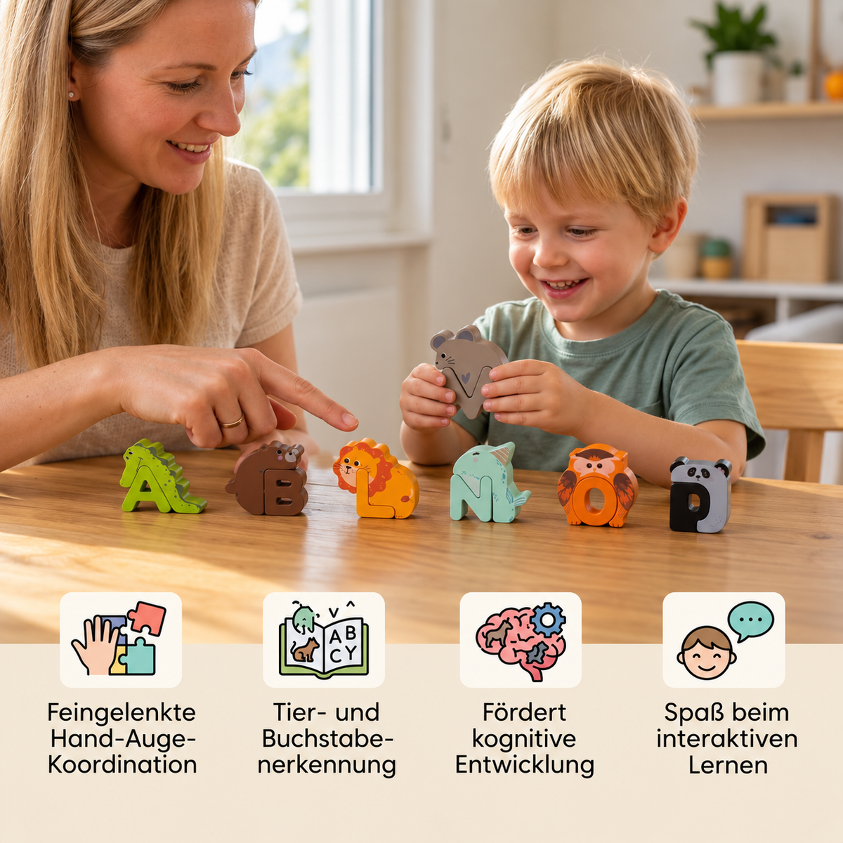 Holzpuzzle mit Tieren und Alphabet – Lernspielzeug für Kinder von A bis Z