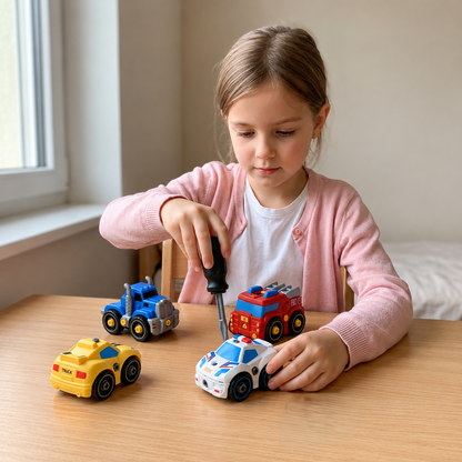 4-teiliges DIY-Stadtfahrzeuge-Set zum Auseinanderbauen mit Spielzeug-Bohrer