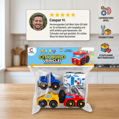 4-teiliges DIY-Stadtfahrzeuge-Set zum Auseinanderbauen mit Spielzeug-Bohrer