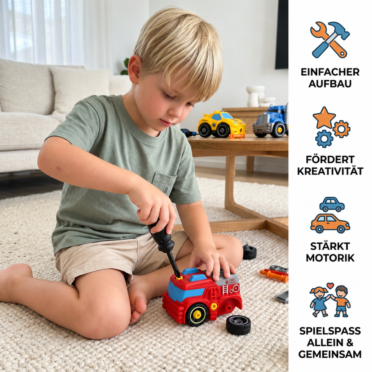 4-teiliges DIY-Stadtfahrzeuge-Set zum Auseinanderbauen mit Spielzeug-Bohrer