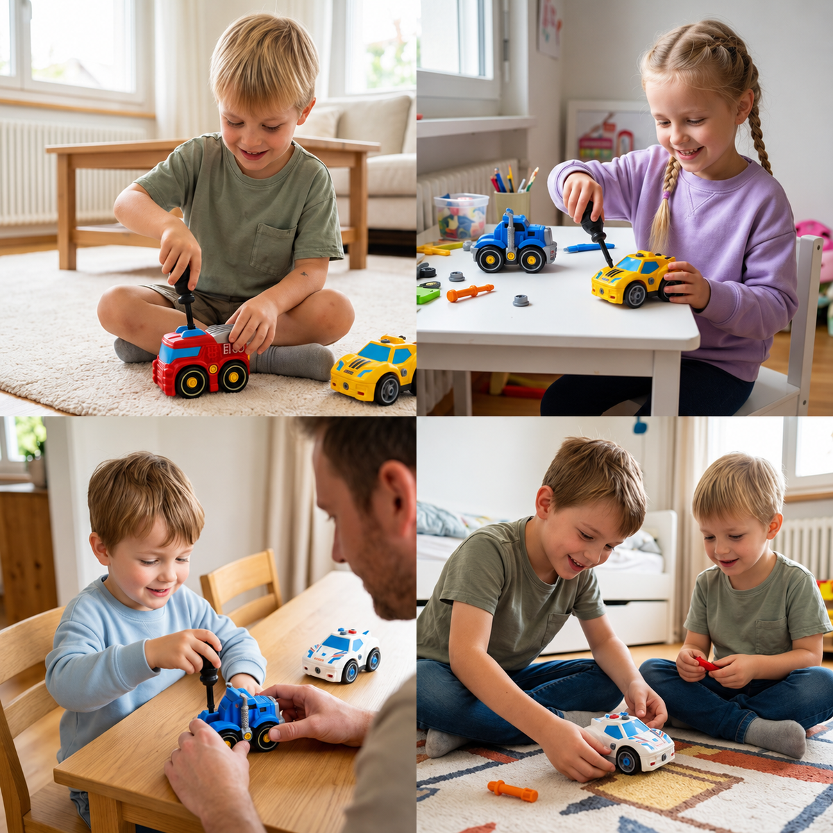 4-teiliges DIY-Stadtfahrzeuge-Set zum Auseinanderbauen mit Spielzeug-Bohrer