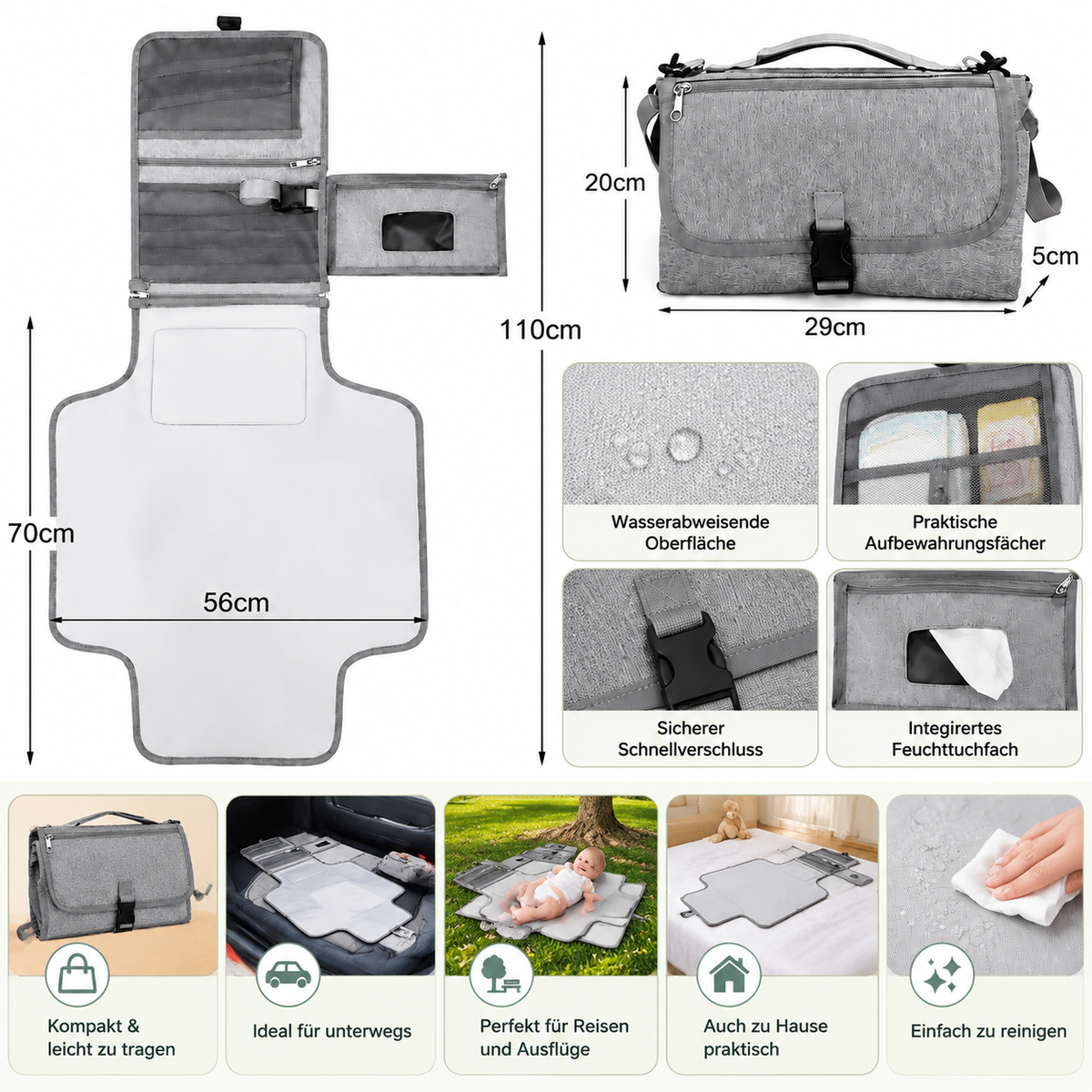 Kompakte Wickelunterlage mit Taschen für unterwegs