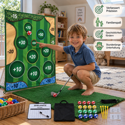 Klebendes 2in1 Golf Trainings- & Spielset – Indoor & Outdoor Abschlagmatte mit Zielwand & Schläger