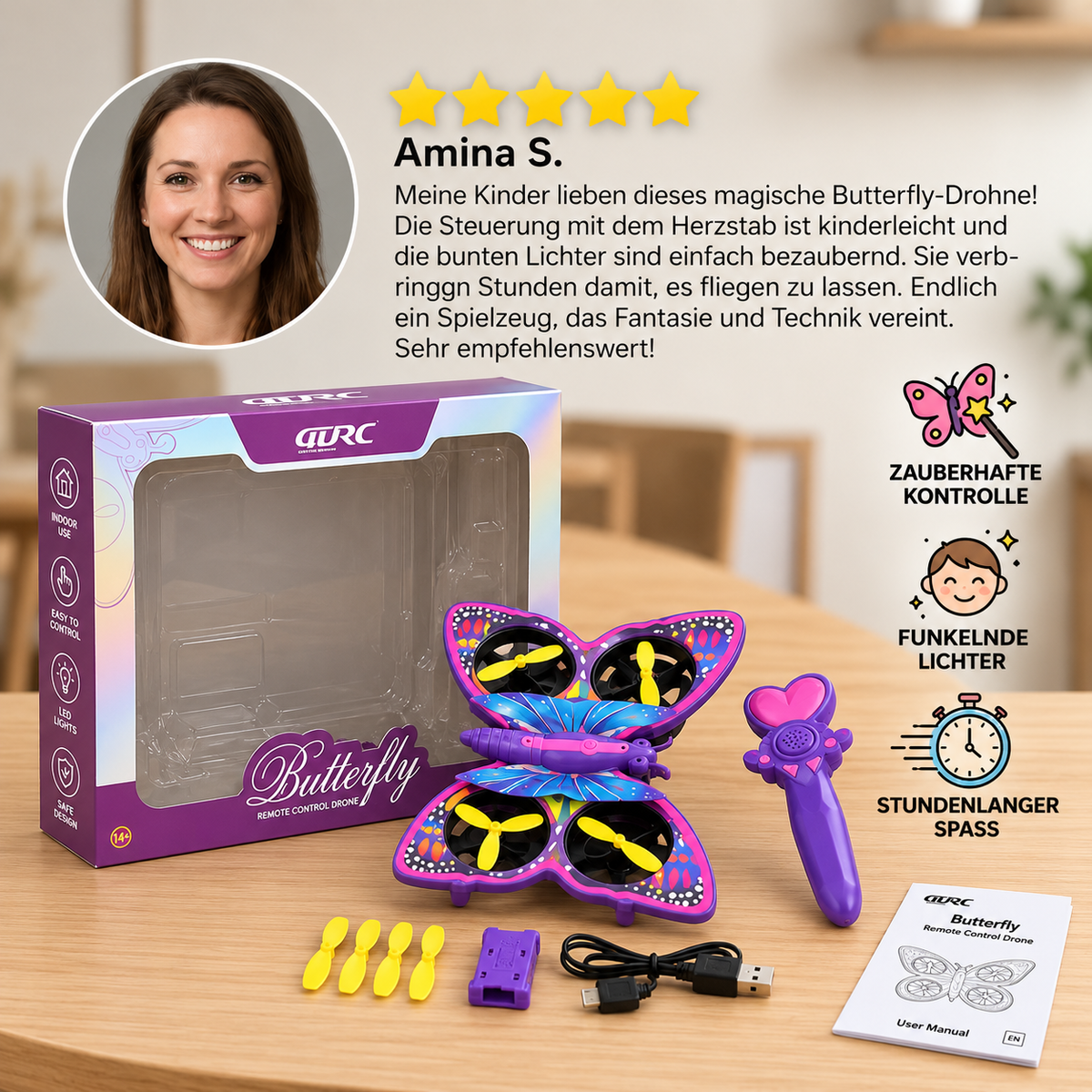Magisches leuchtendes Schmetterlings-Quadcopter-Spielzeug mit Zauberstab-Steuerung