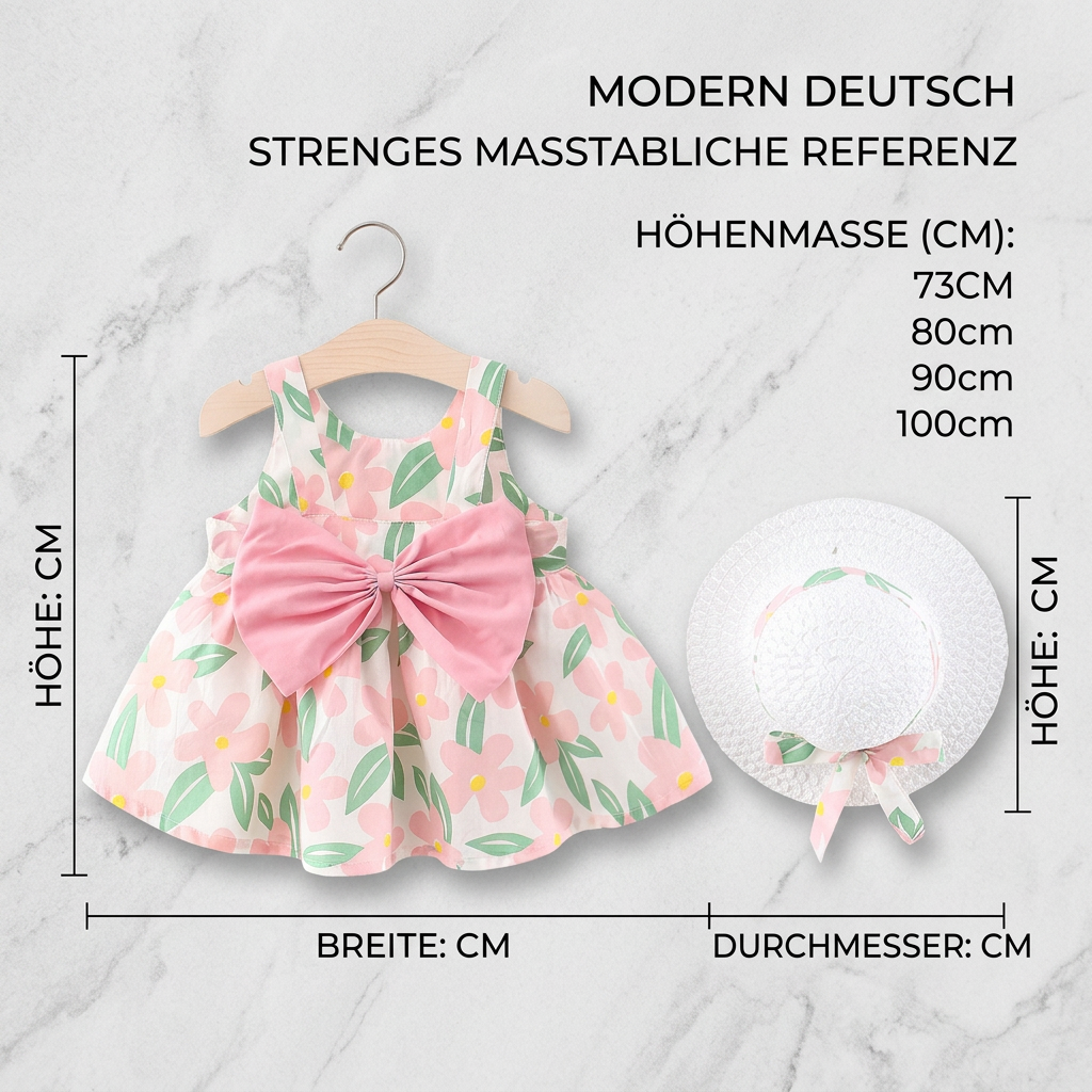 Sommerliches Trägerkleid Set für Baby- & Kleinkinder – Ärmelloses Kleid mit Schleife und Hut