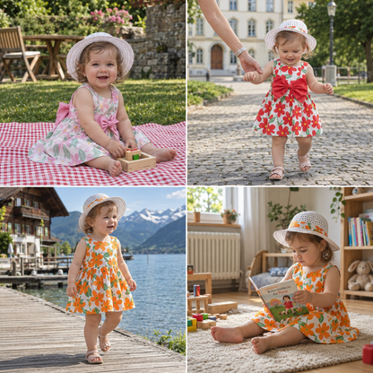 Sommerliches Trägerkleid Set für Baby- & Kleinkinder – Ärmelloses Kleid mit Schleife und Hut