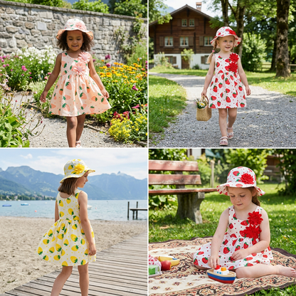 Sommerliches 2in1 Set  Ärmelloses Mädchenkleid mit Erdbeer-Muster inkl. Hut