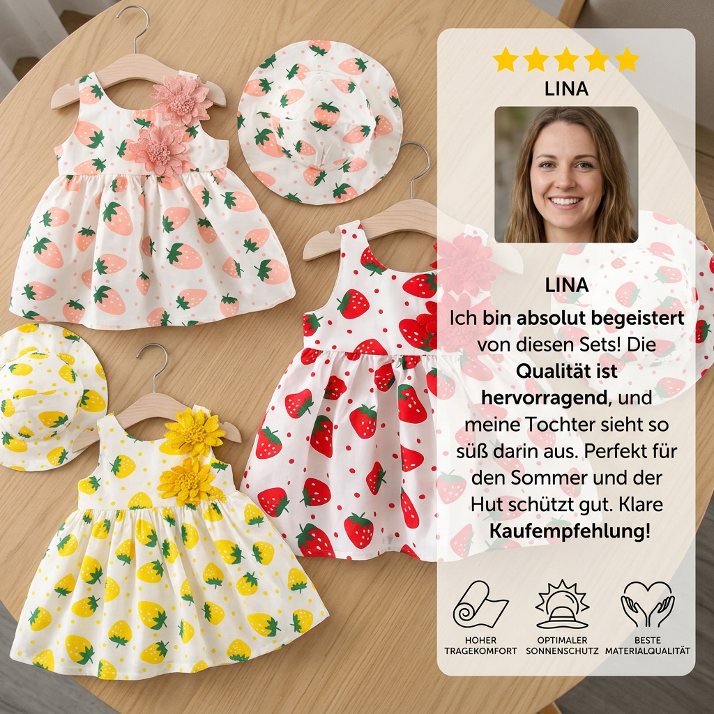 Sommerliches 2in1 Set  Ärmelloses Mädchenkleid mit Erdbeer-Muster inkl. Hut