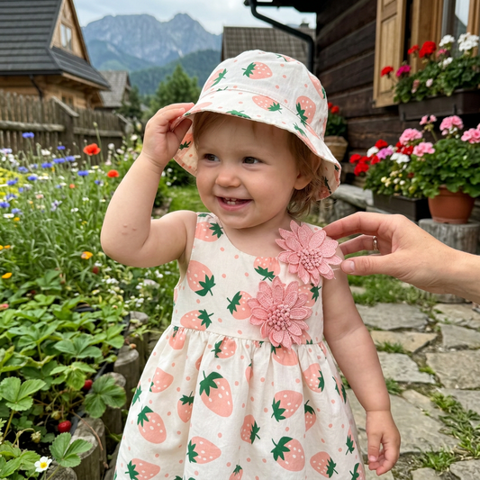 Sommerliches 2in1 Set  Ärmelloses Mädchenkleid mit Erdbeer-Muster inkl. Hut