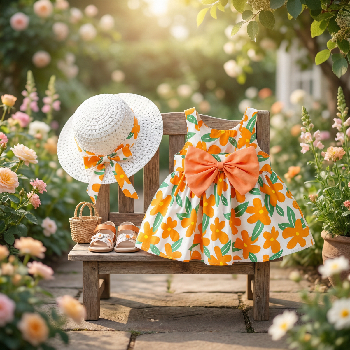 Sommerliches Trägerkleid Set für Baby- & Kleinkinder – Ärmelloses Kleid mit Schleife und Hut