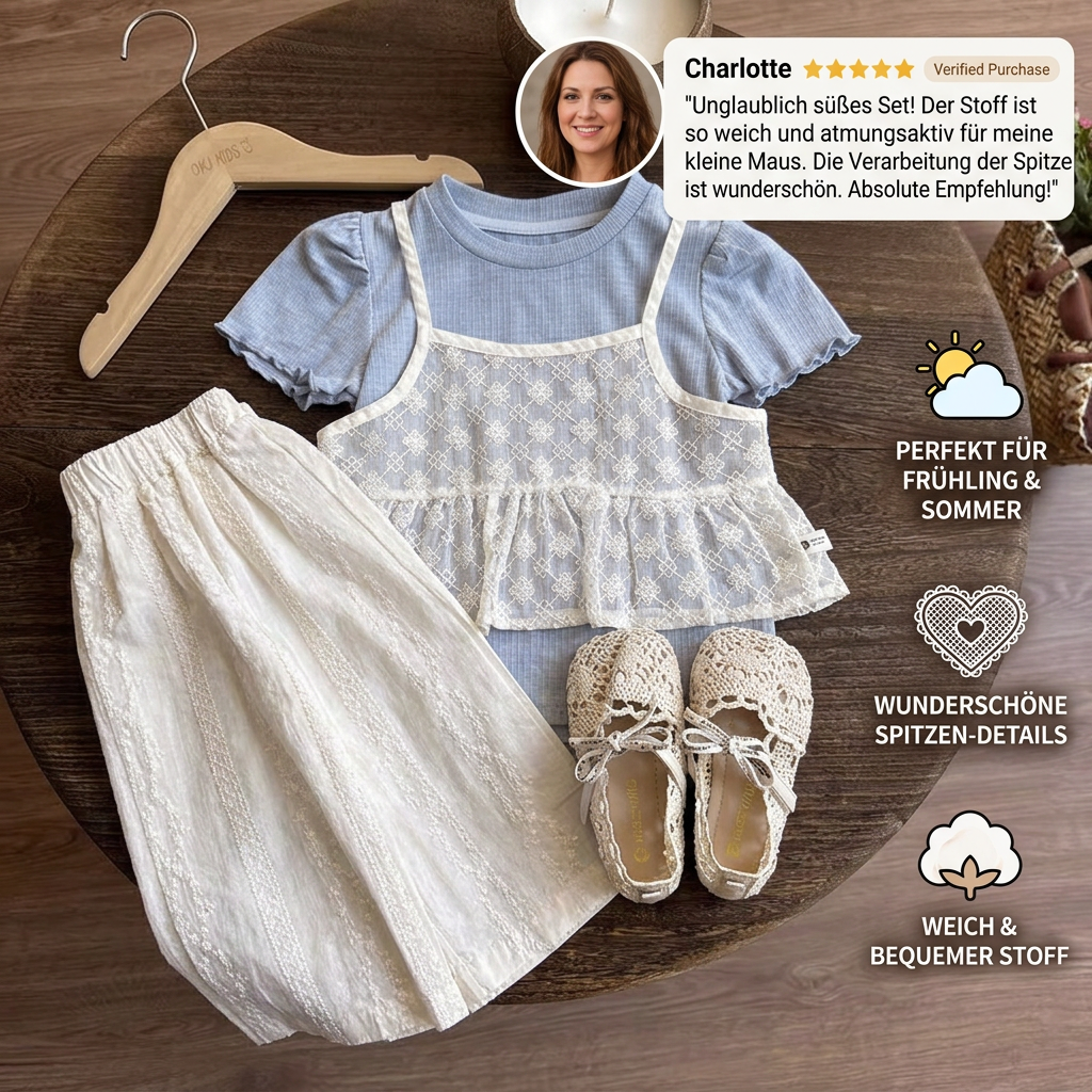 Süßes 3-teiliges Baby-Mädchen Set für Frühling & Sommer – Kurzarm Oberteil mit Spitze, Hose & Outfit
