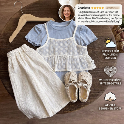Süßes 3-teiliges Baby-Mädchen Set für Frühling & Sommer – Kurzarm Oberteil mit Spitze, Hose & Outfit