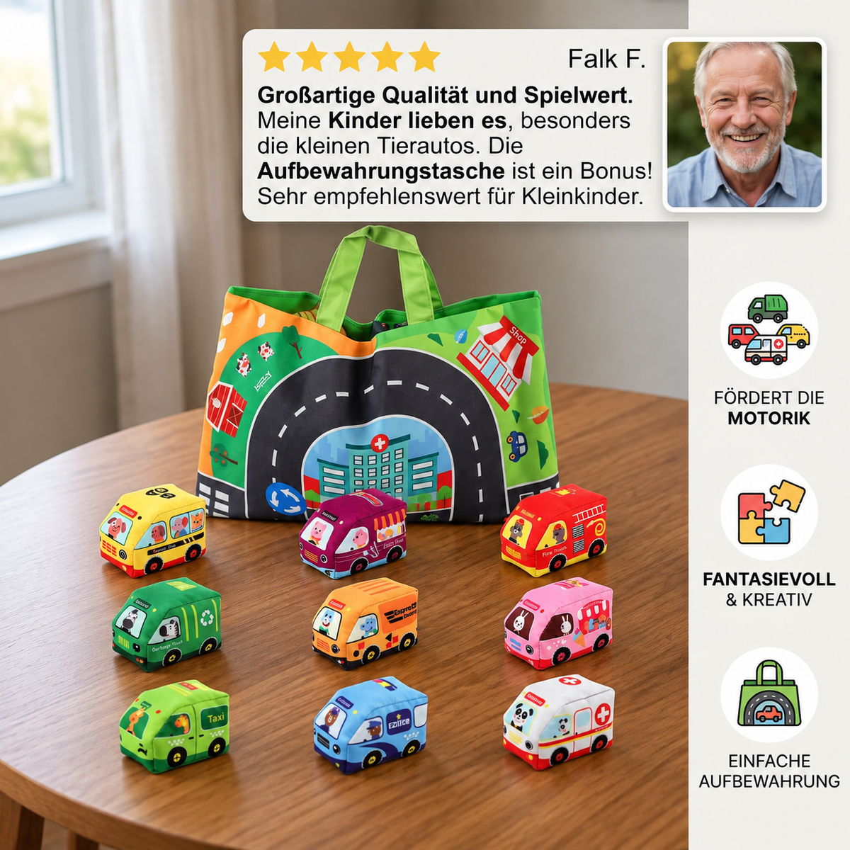 2-in-1-Sensorik-Plüschautos mit Straßen-Spielmatte und Tasche für unterwegs