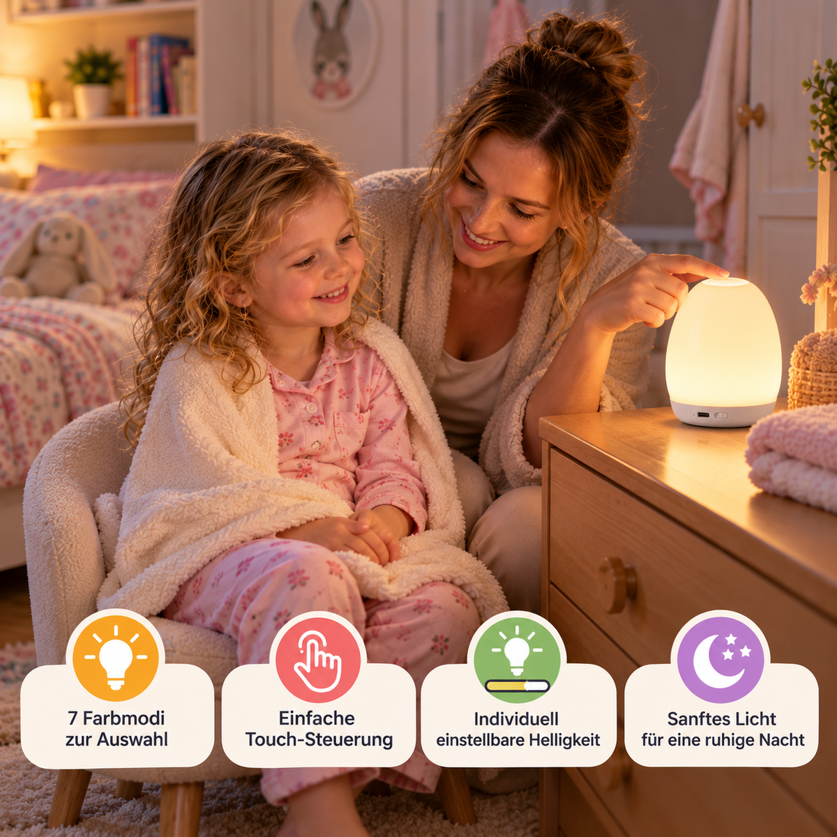 Ei-förmiges LED Nachtlicht aus Silikon – Touch-Dimmbar, 7 Farben
