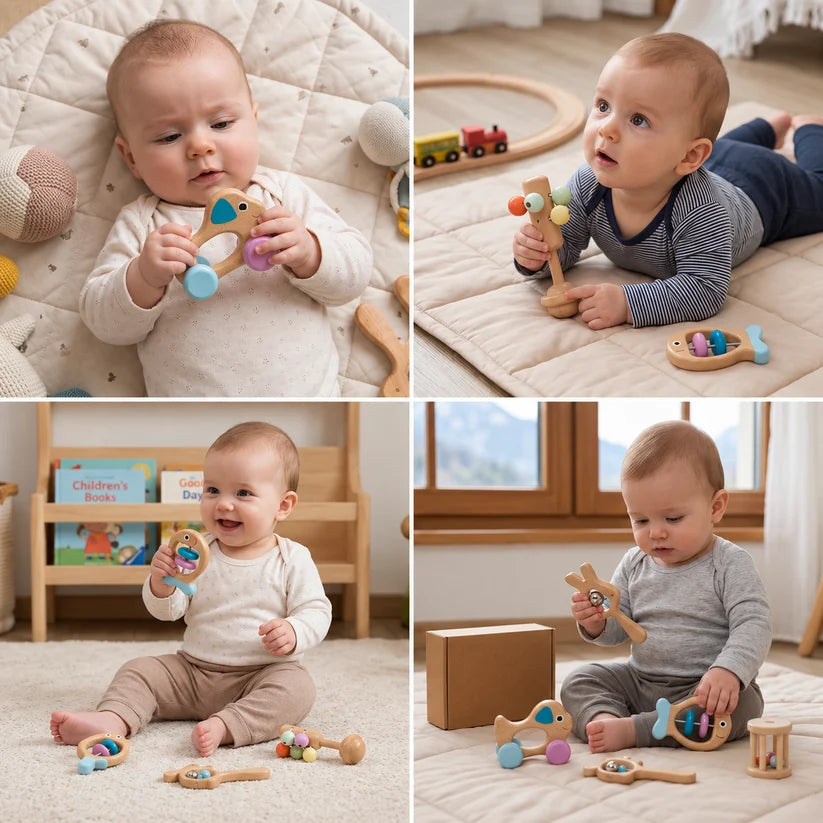 Baby Geschenkset aus Holz – Rassel- & Musikspielzeug für Neugeborene