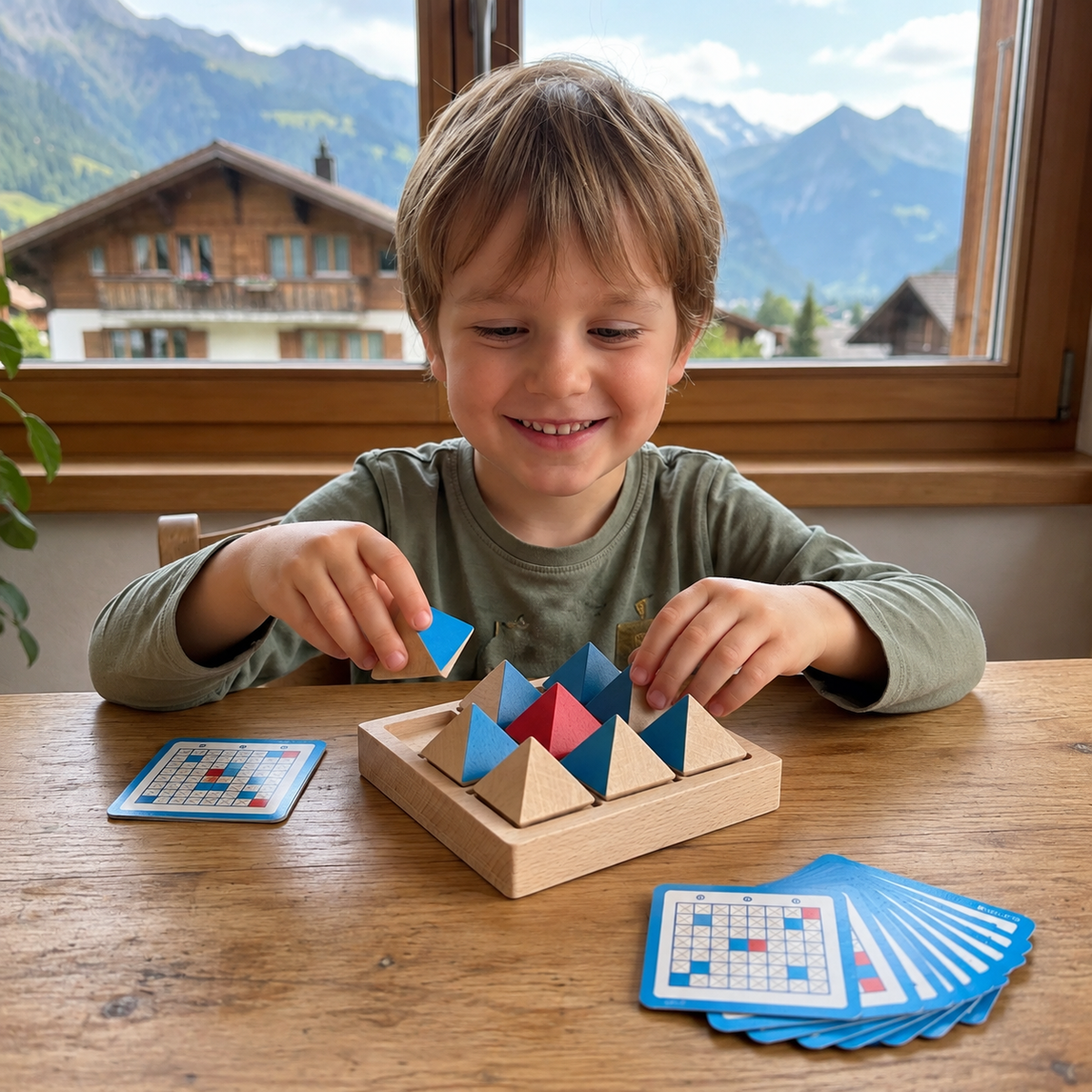 Holzpuzzle mit geometrischen Mustern – Spiel zur Förderung von Logik und räumlichem Denken