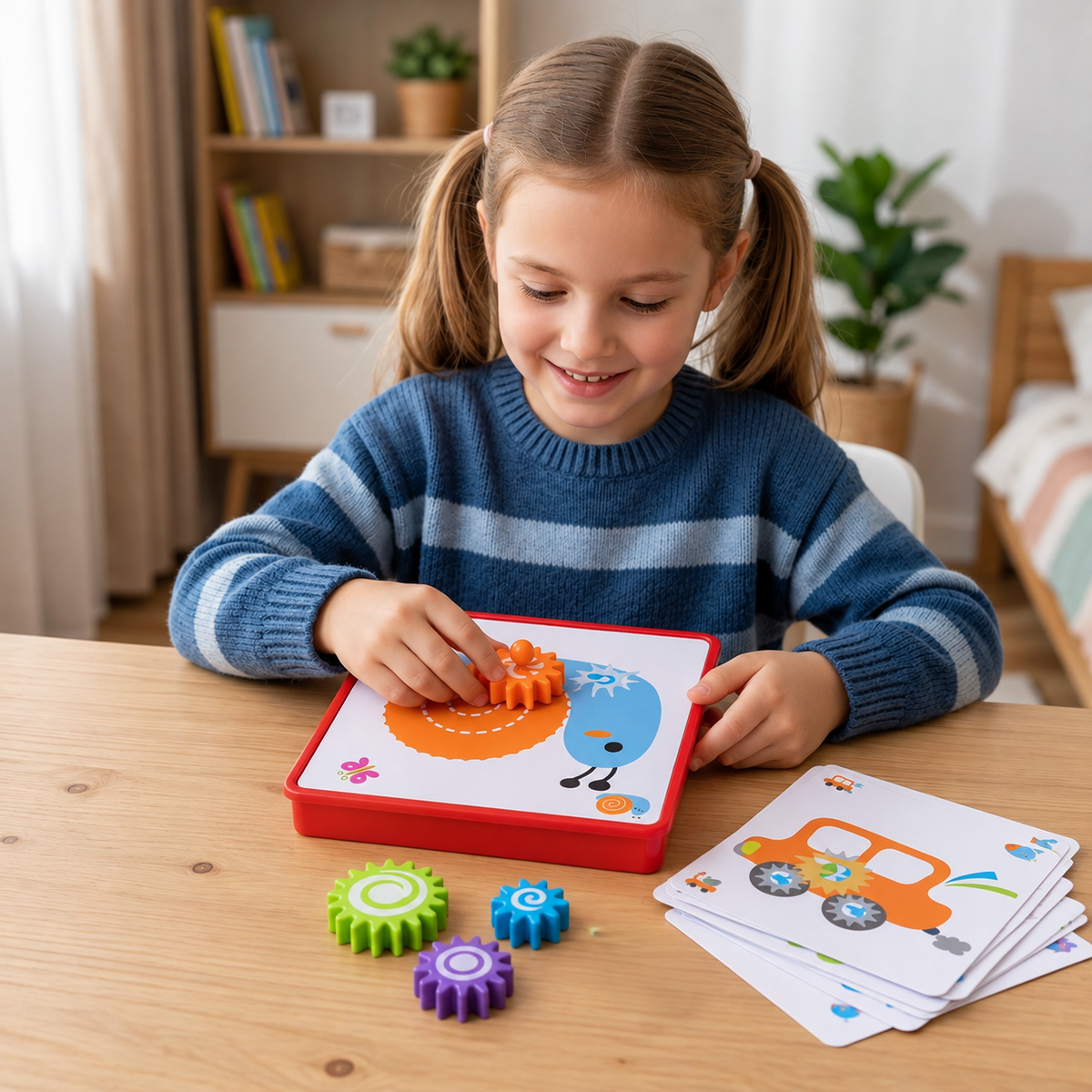 Kreative Zahnrad-Puzzle-Reisebox mit Aktivitätskarten für Kinder