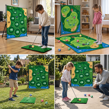 Klebendes 2in1 Golf Trainings- & Spielset – Indoor & Outdoor Abschlagmatte mit Zielwand & Schläger