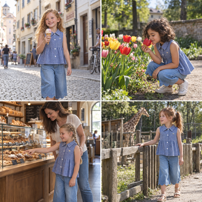 Frühlings- & Sommerliches 2-teiliges Mädchen-Set – Kariertes Top aus Baumwollmix mit vielseitiger Jeanshose