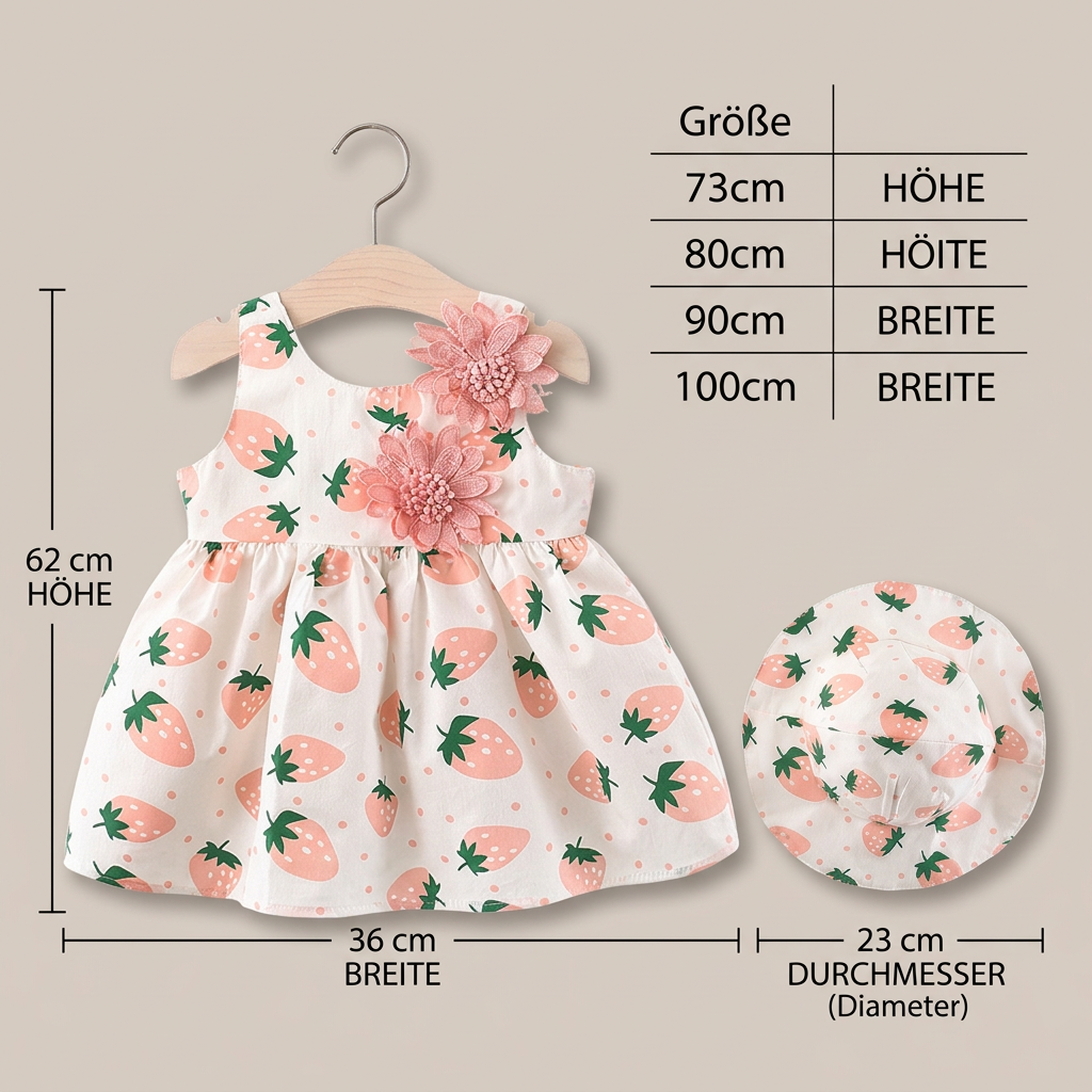 Sommerliches 2in1 Set  Ärmelloses Mädchenkleid mit Erdbeer-Muster inkl. Hut