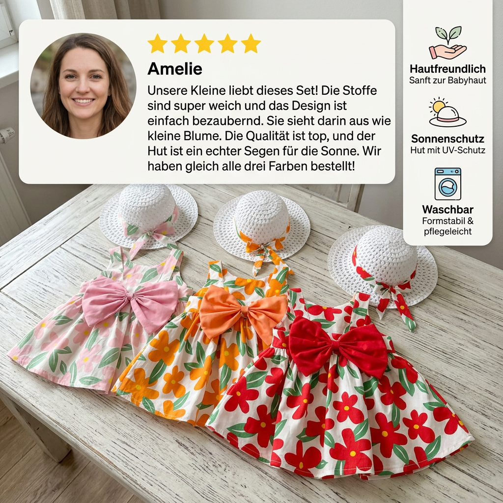 Sommerliches Trägerkleid Set für Baby- & Kleinkinder – Ärmelloses Kleid mit Schleife und Hut