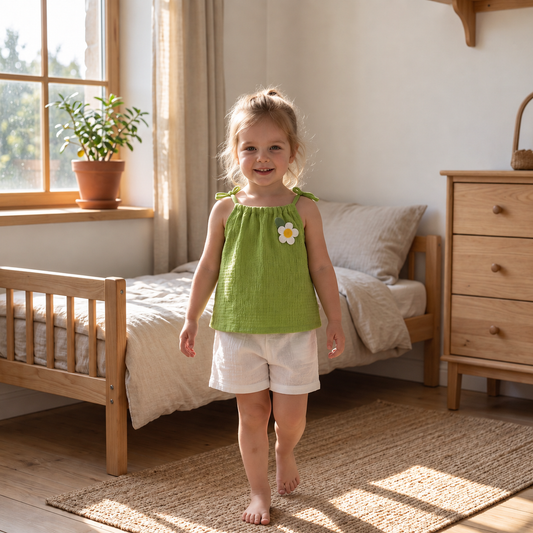 Sommerliches 2-teiliges Mädchen-Set im Koreanischen Stil – Blumen-Trägeroberteil mit Shorts