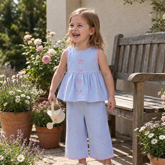 Sommerliches Mädchen-Set mit Streifen & Schleifenstickerei – Süßes 2-teiliges Outfit