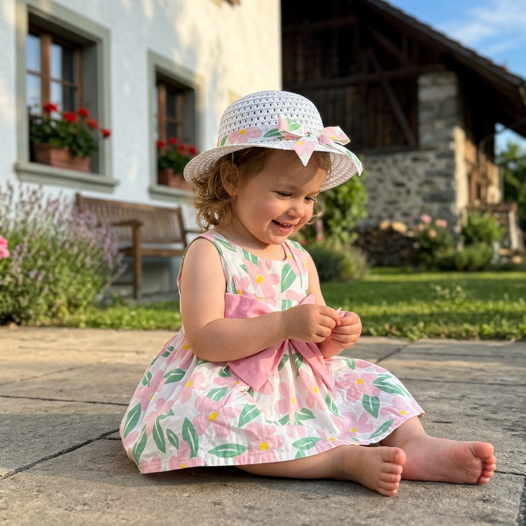 Sommerliches Trägerkleid Set für Baby- & Kleinkinder – Ärmelloses Kleid mit Schleife und Hut