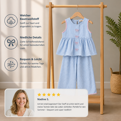 Sommerliches Mädchen-Set mit Streifen & Schleifenstickerei – Süßes 2-teiliges Outfit