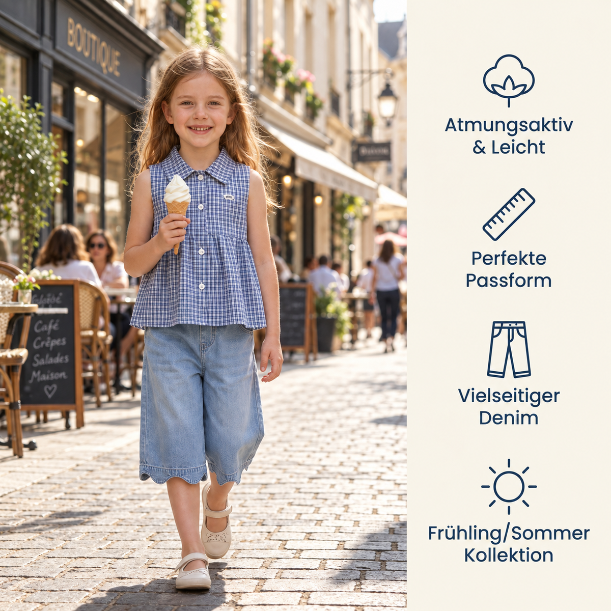 Frühlings- & Sommerliches 2-teiliges Mädchen-Set – Kariertes Top aus Baumwollmix mit vielseitiger Jeanshose