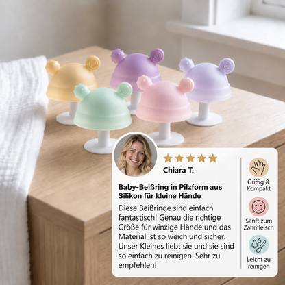 Baby-Beißring in Pilzform aus Silikon für kleine Hände