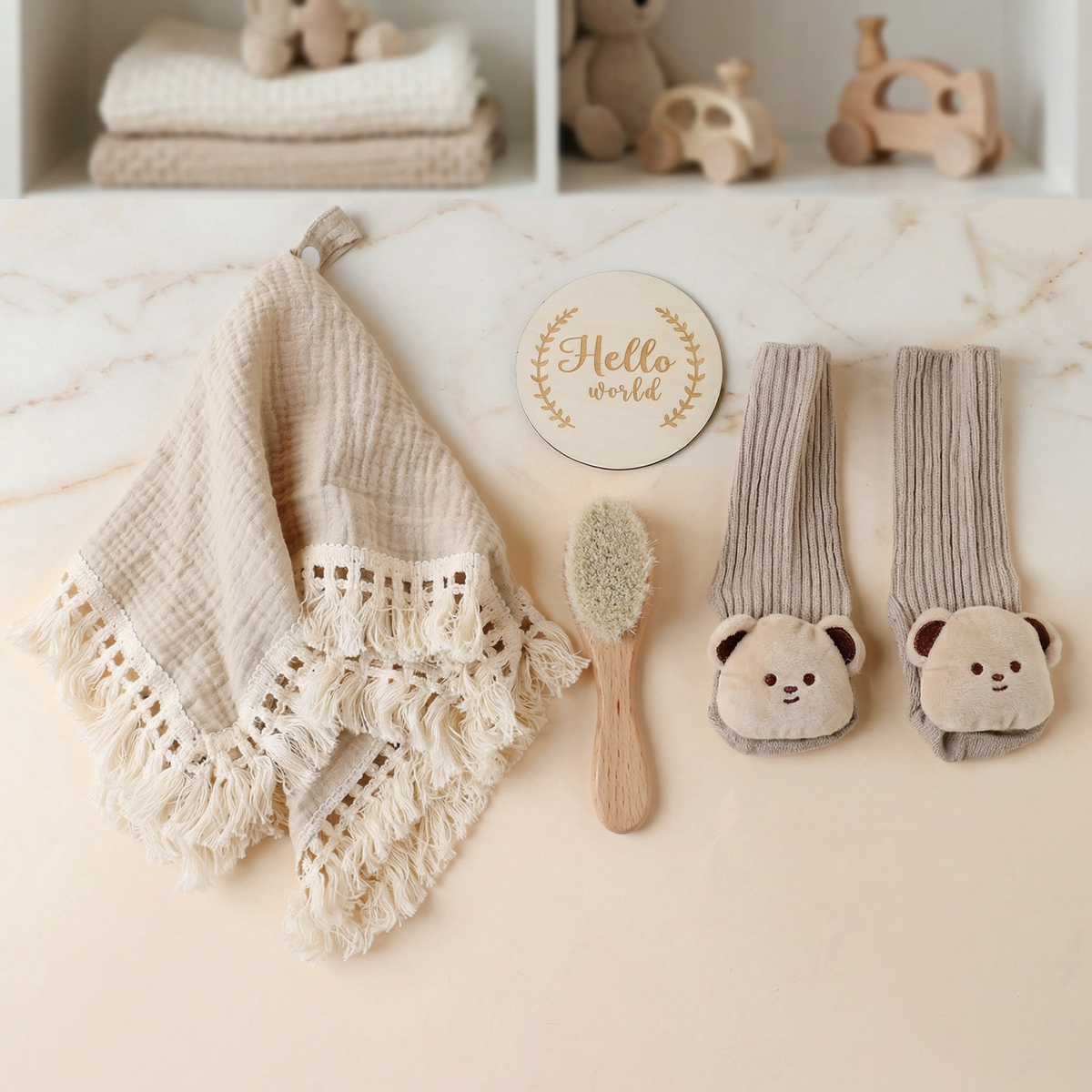 Baby Pflege Geschenkbox – Handtuch, Socken oder Haarband & Badebürste für Neugeborene