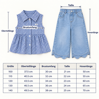 Frühlings- & Sommerliches 2-teiliges Mädchen-Set – Kariertes Top aus Baumwollmix mit vielseitiger Jeanshose