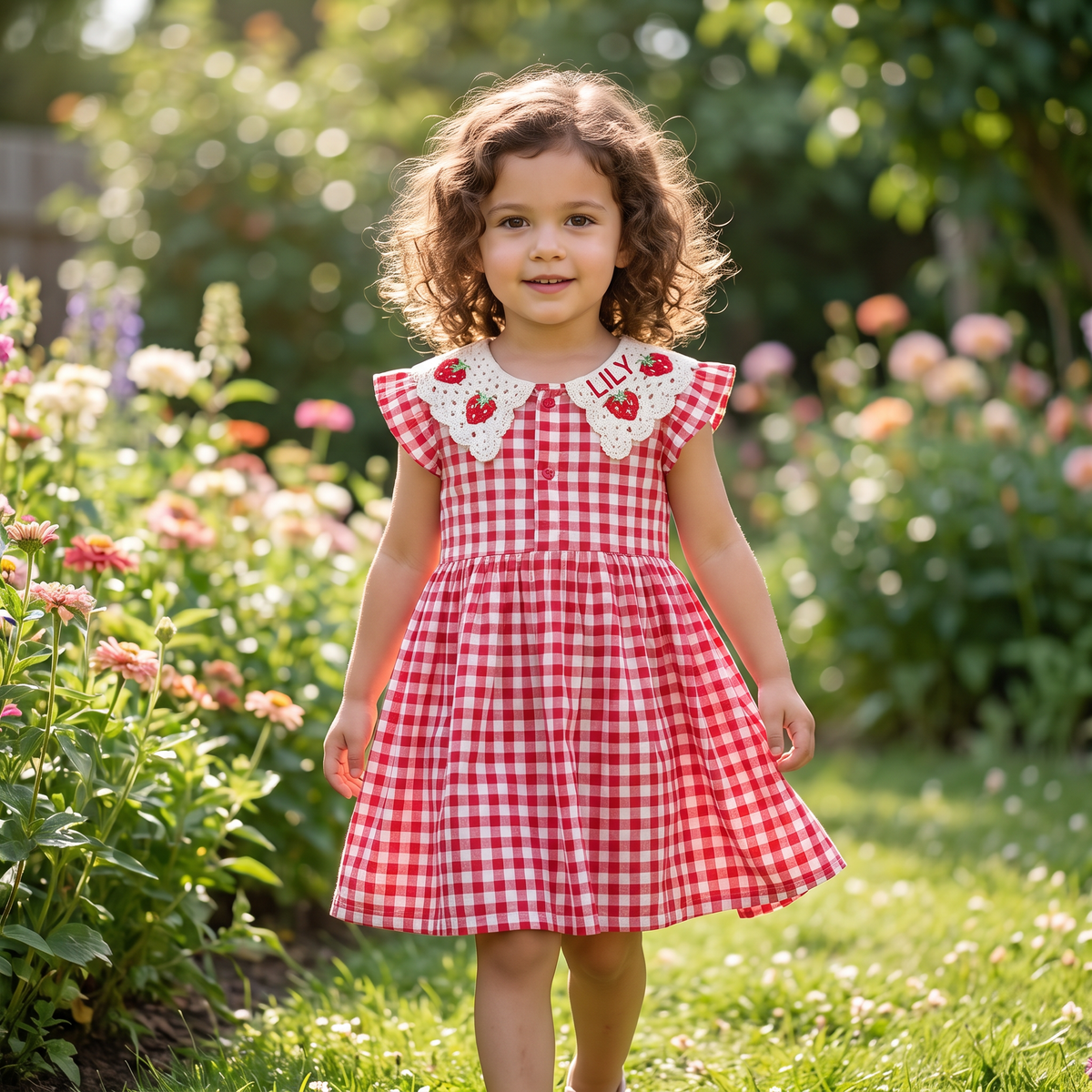 Süßes Mädchen-Sommerkleid mit Erdbeer-Kragen – Kariertes Baumwollkleid