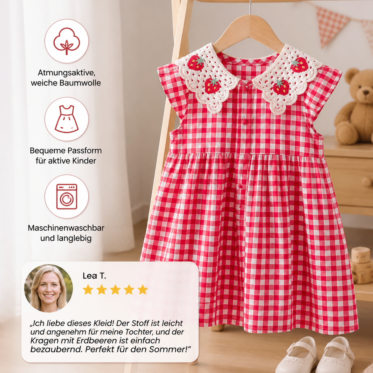 Süßes Mädchen-Sommerkleid mit Erdbeer-Kragen – Kariertes Baumwollkleid