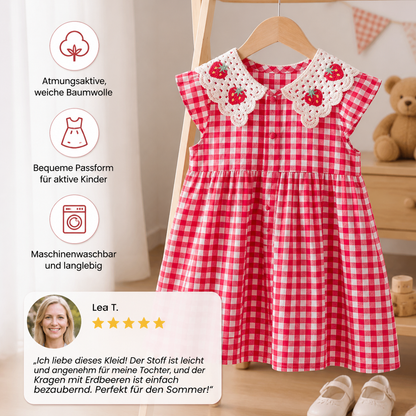 Süßes Mädchen-Sommerkleid mit Erdbeer-Kragen – Kariertes Baumwollkleid