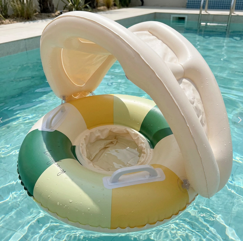 Aufblasbarer Retro Streifen Baby-Schwimmring mit abnehmbaren Sonnendach – Sicherer Sitz von 6–36 Monaten